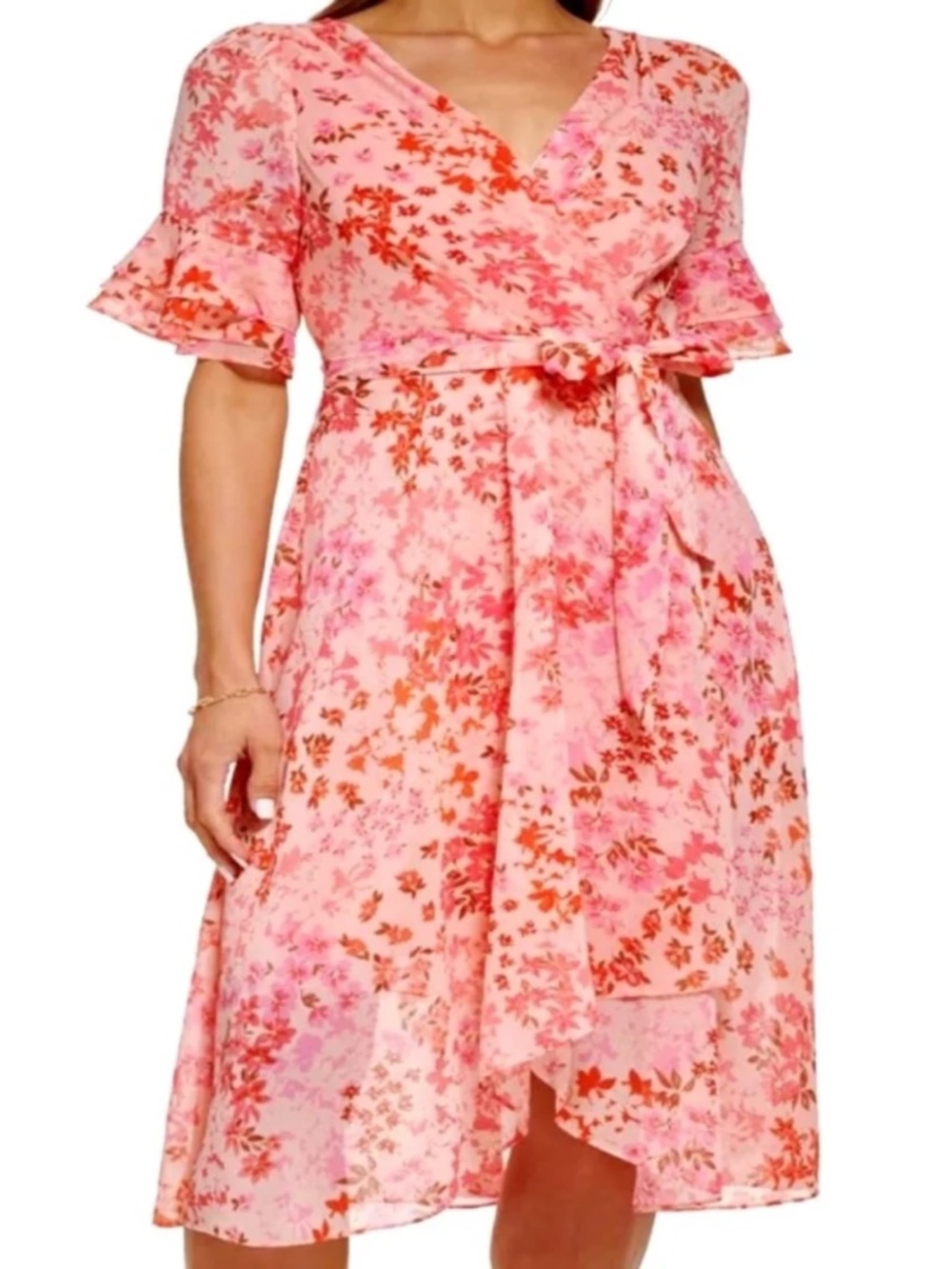 DKNY-Sunkist V-Neck Ruffled-Sleeve High-Low Dress Size 10